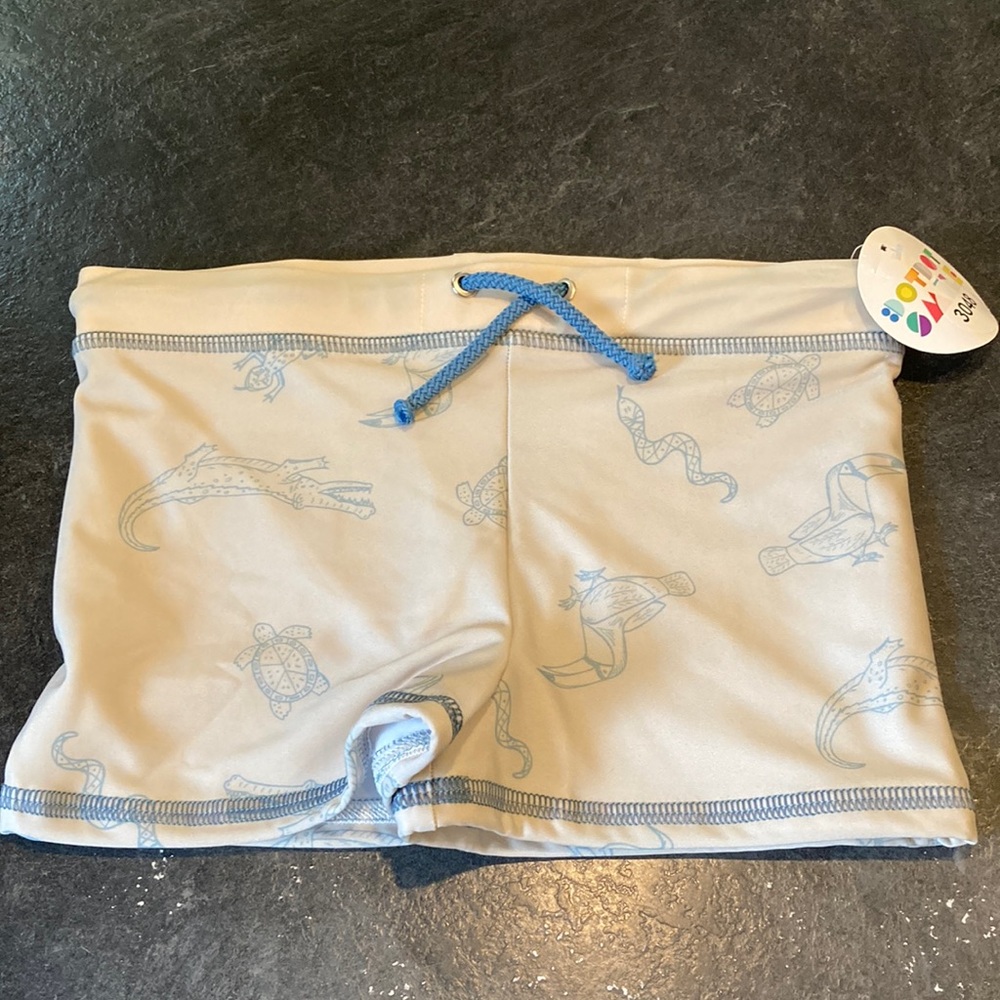 Boys Dotdotsmile cream blue alligator snake toucan swim shorts size 7 - NWT